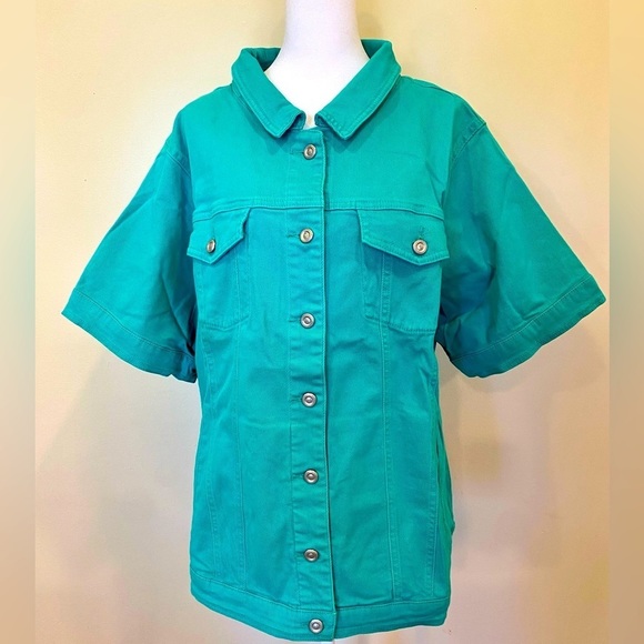 DG2 by Diane Gilman Jackets & Blazers - DG2 By Diane Gilman Jean Jacket Short Sleeve Aqua Green Top Plus Size 2X